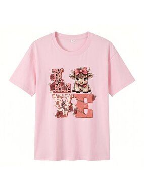 NWOT | "LOVE" Highland Cow Leopard Floral Graphic Pink Short Sleeve Tee | Small